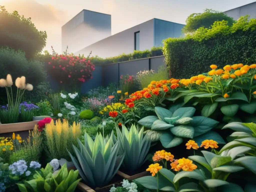 Un jardín urbano pequeño con vibrantes flores y geométricos, técnicas paisajismo pequeños jardines urbanos