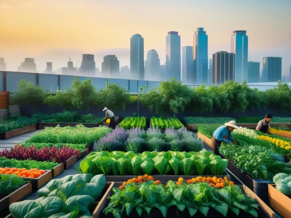 Un jardín urbano próspero con diversidad de cultivos y personas felices trabajando juntas