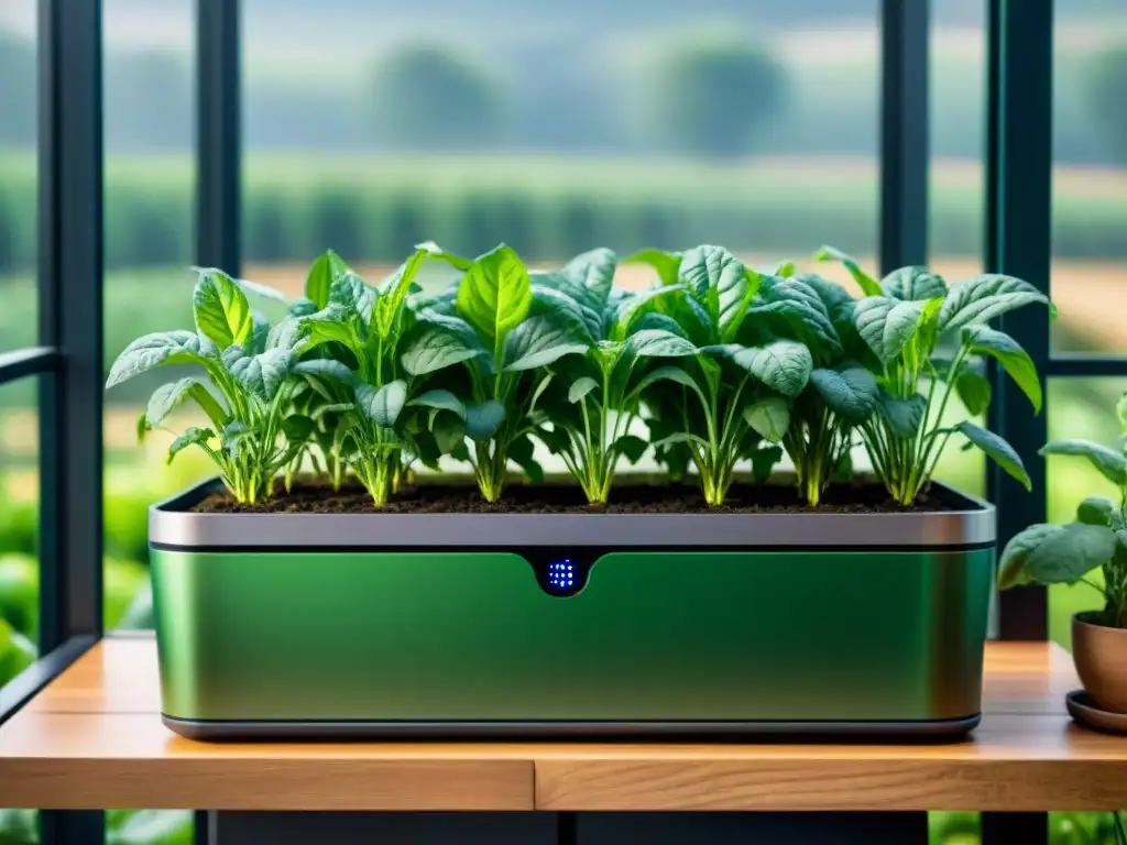 Un jardín urbano sostenible con gadgets innovadores en un balcón, fusionando tecnología y naturaleza