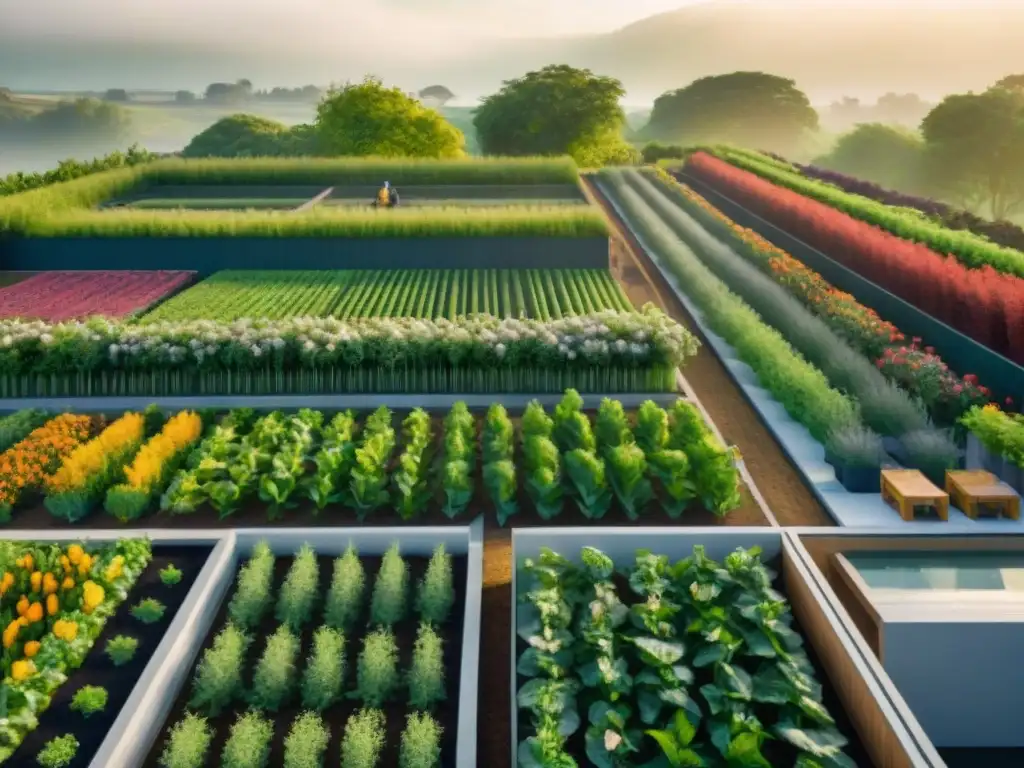 Un jardín urbano sostenible integrado en un edificio moderno, con cultivos variados y personas colaborando