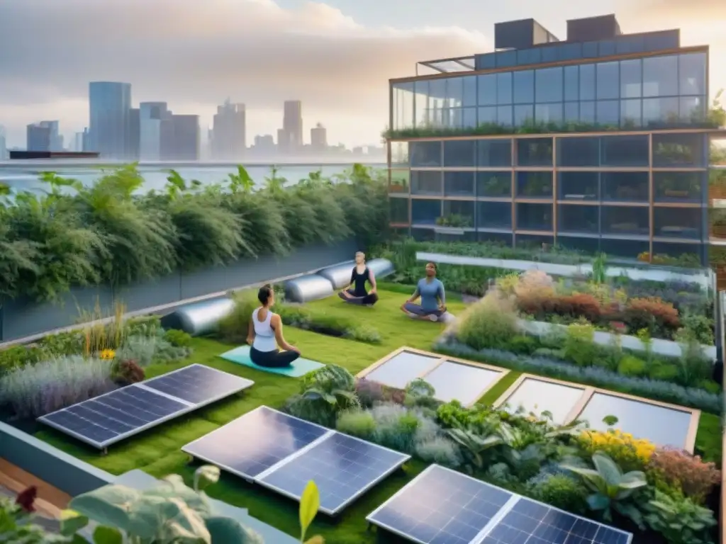 Un jardín urbano sostenible y personas practicando yoga, meditación y actividades comunitarias