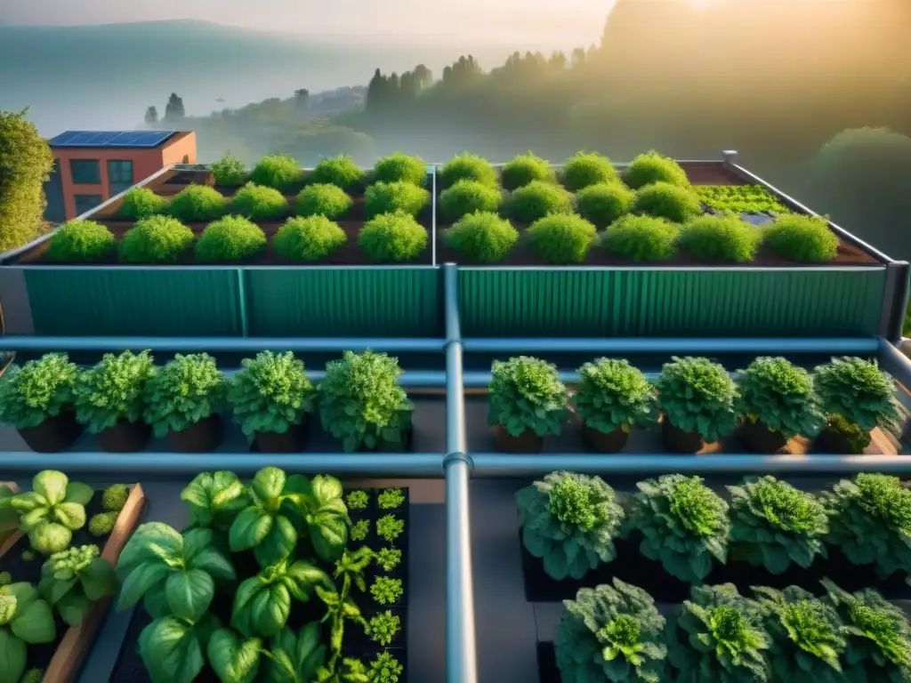 Un jardín urbano sostenible con riego eficiente integrado en edificios, rodeado de vegetación exuberante y paneles solares