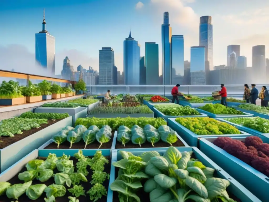 Un jardín urbano vibrante donde la comunidad cuida de las plantas y convive armoniosamente