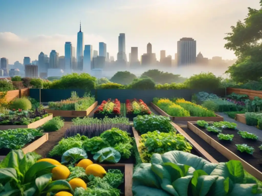 Jardín urbano vibrante: cosecha de frutas y flores Un jardín urbano vibrante y exuberante en el corazón de la ciudad, donde se cultivan frutas, verduras y flores coloridas