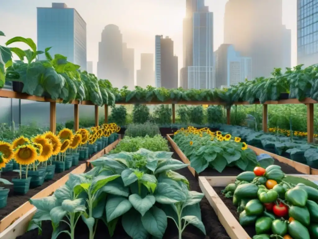 Un jardín urbano vibrante y exuberante, lleno de frutas, verduras y flores coloridas