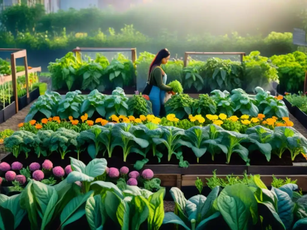 Jardín urbano vibrante: serenidad entre verduras y flores Un jardín urbano vibrante lleno de verduras y flores coloridas, donde una persona cuida las plantas rodeada de vegetación exuberante