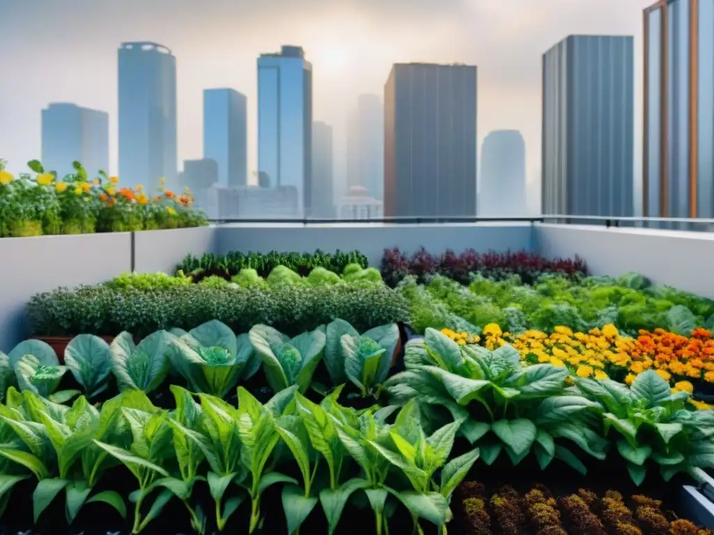 Un jardín urbano vibrante con plantas exuberantes y un sistema de reutilización de aguas grises en arquitectura