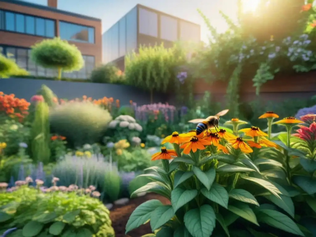 Un jardín urbano vibrante rebosante de flores nativas, polinizadores en jardín sostenible