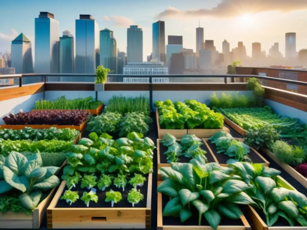 Un jardín urbano vibrante con variedad de vegetales y hierbas