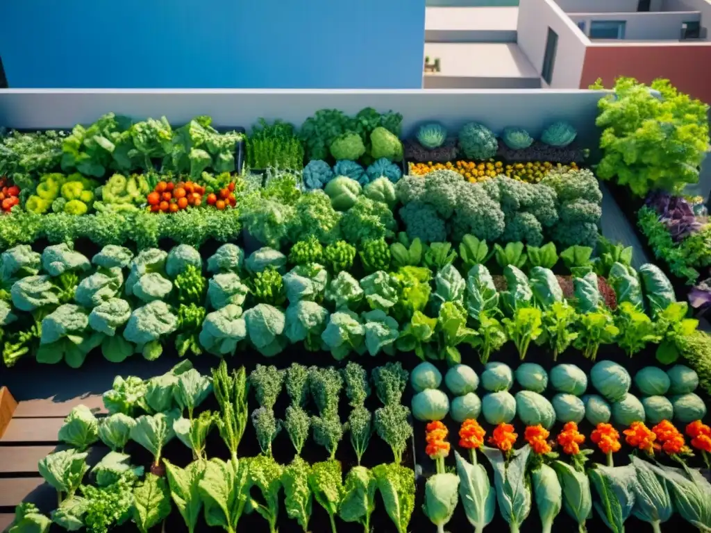 Huerto urbano vibrante: verduras y hierbas en la ciudad Un jardín urbano vibrante con variedad de vegetales y hierbas coloridas
