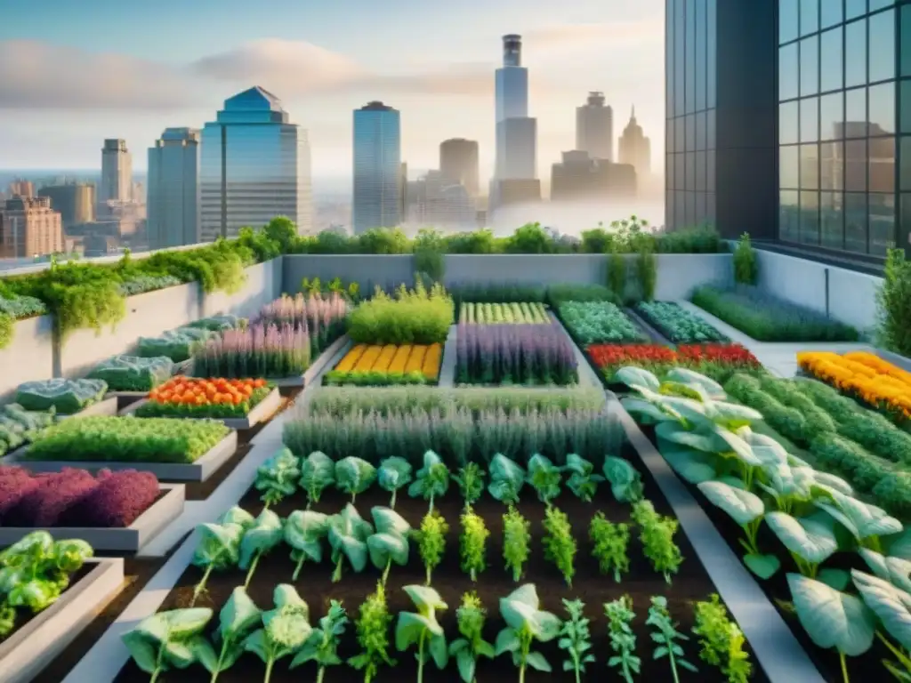Huerto urbano vibrante: comunidad sostenible en la ciudad Un jardín urbano vibrante con vegetales, hierbas y flores, organizado en filas, con rascacielos al fondo