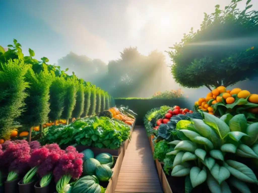 Huerto urbano vibrante: crecimiento, color y conexión con la naturaleza Un jardín urbano vibrante con verduras y frutas coloridas, reflejando crecimiento, abundancia y conexión con la naturaleza en la ciudad