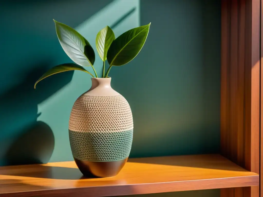 Vaso de cerámica ecológica en estantería de madera, en sala minimalista con diseño interior ecofriendly