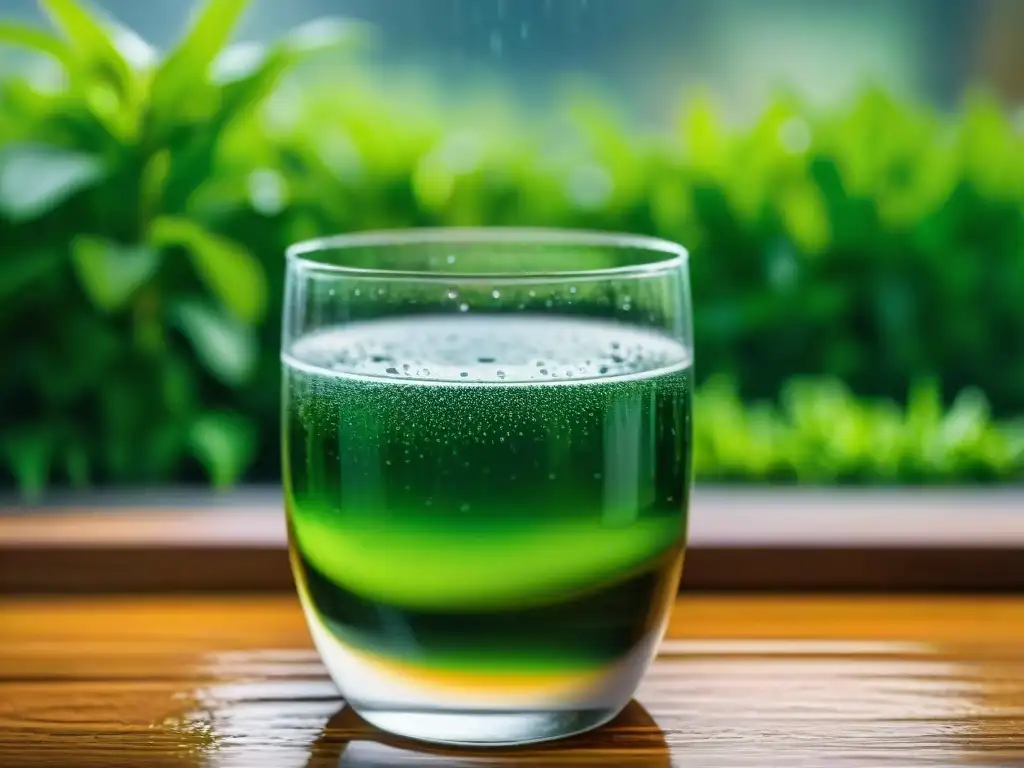 Vaso de cristal con agua lluvia reflejando luz de ventana, rodeado de plantas