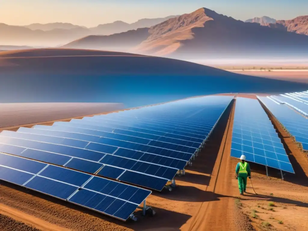 Vasta granja solar en tierras áridas, paneles brillantes bajo el sol, trabajador inspeccionando