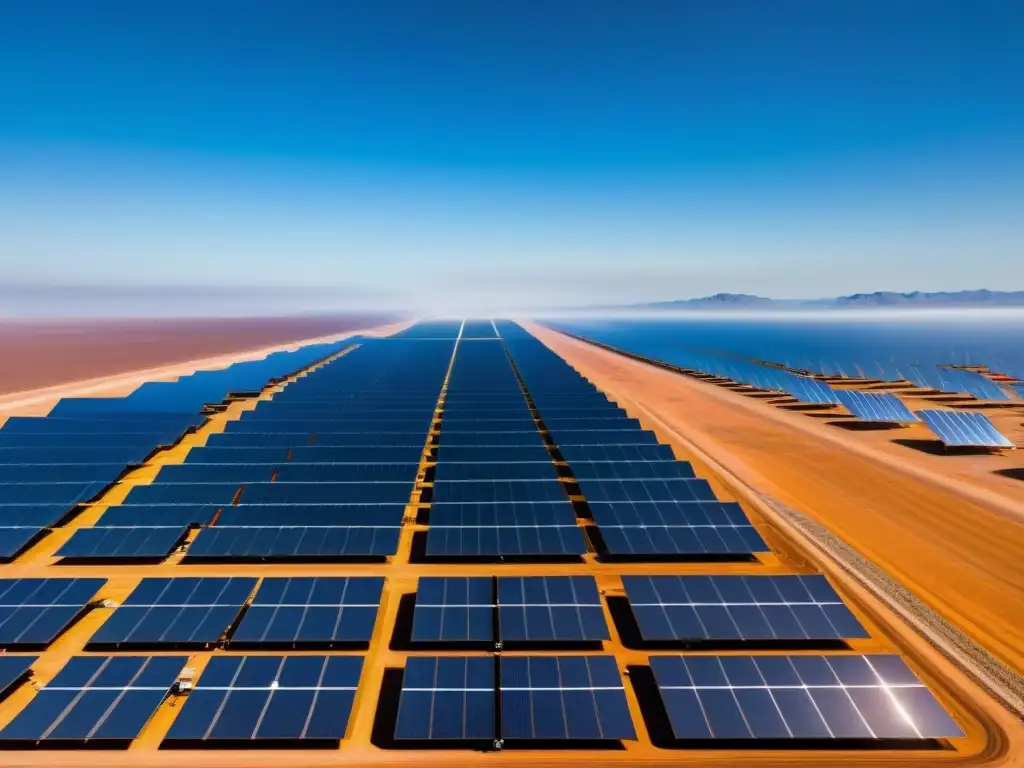 Un vasto campo solar en un desierto soleado, con paneles brillantes reflejando la luz del sol