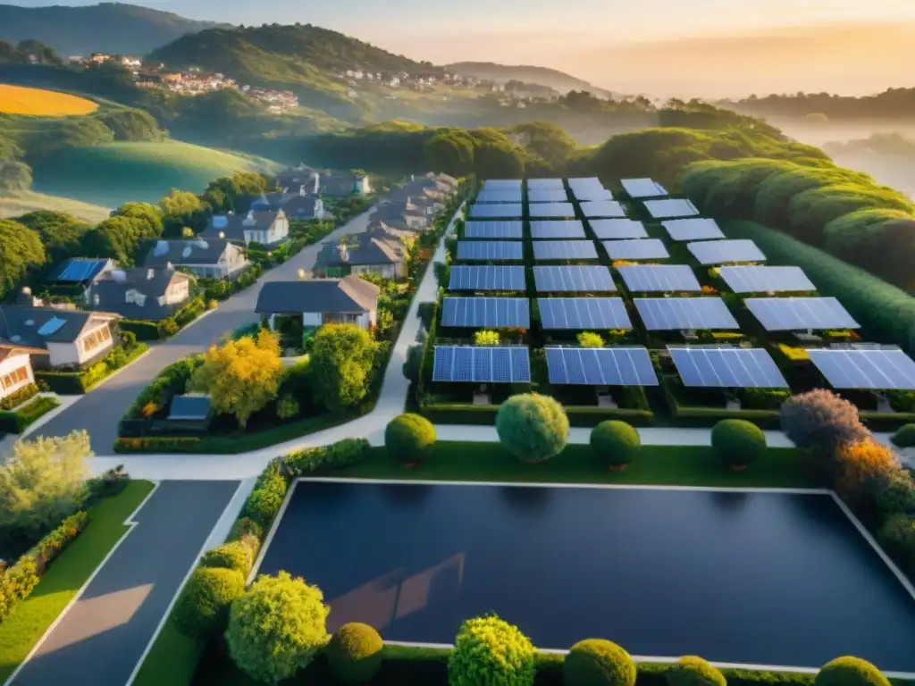 Vecindario con casas verdes y certificación verde, valor reventa hogar, paneles solares y jardines, bajo la cálida luz del atardecer