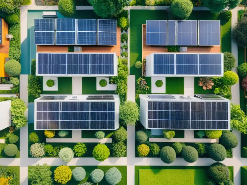 Vecindario ecológico con paneles solares y jardines verdes