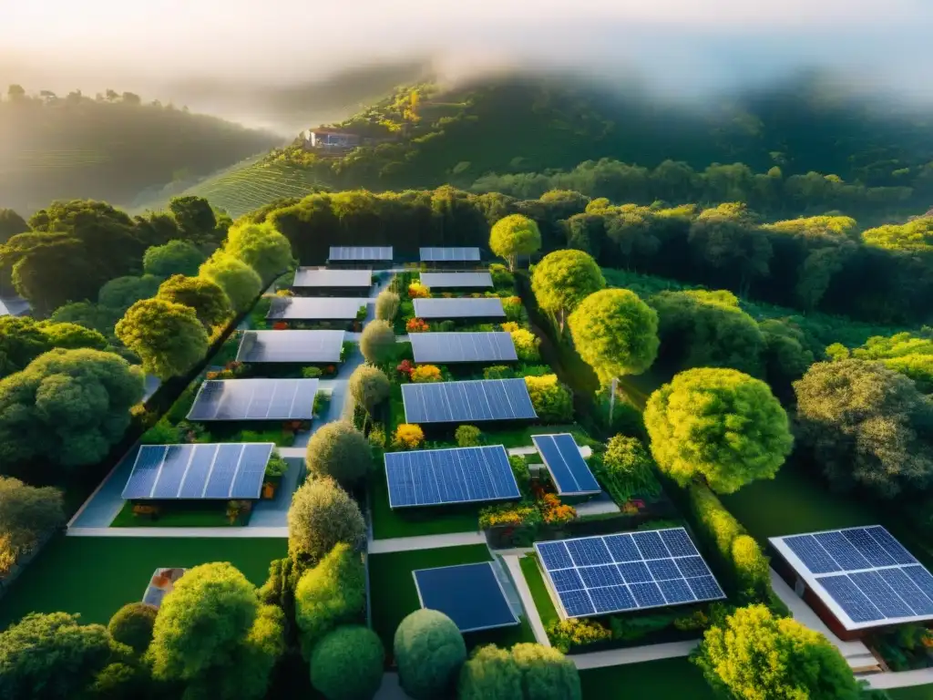 Un vecindario ecológico con techos verdes y paneles solares, integrado con la naturaleza