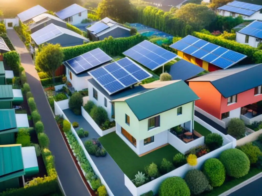 Vecindario residencial con paneles solares, jardines verdes y contenedores de reciclaje