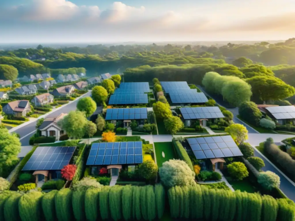 Vecindario sostenible con casas verdes, paneles solares y jardines exuberantes