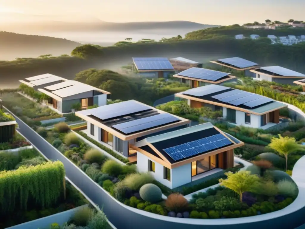 Un vecindario sostenible con jardines en los techos, paneles solares y diseño innovador, iluminado por el sol poniente