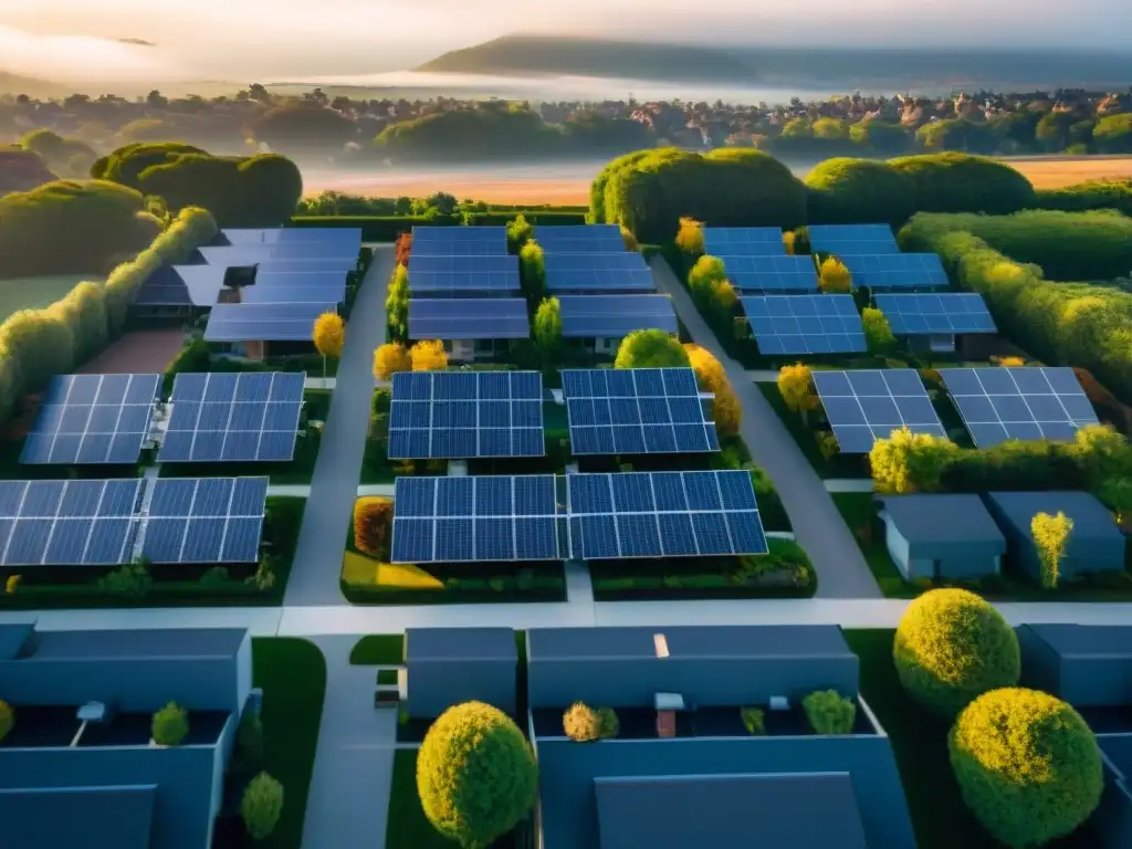 Vecindario solar: un futuro sostenible brillante Un vecindario suburbano bañado por el sol con paneles solares brillantes en cada techo
