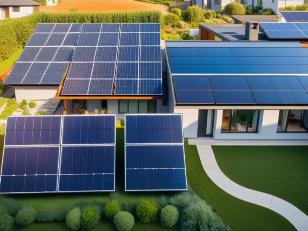 Vecindario suburbano con paneles solares para autosuficiencia energética, capturando la luz del sol en diferentes ángulos del día