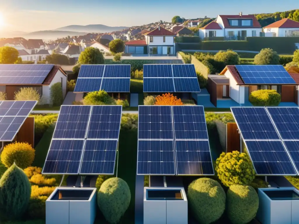 Vecindario suburbano sostenible: paneles solares integrados en arquitectura Un vecindario suburbano con paneles solares en cada techo, iluminado por el sol, beneficios paneles solares calidad vida
