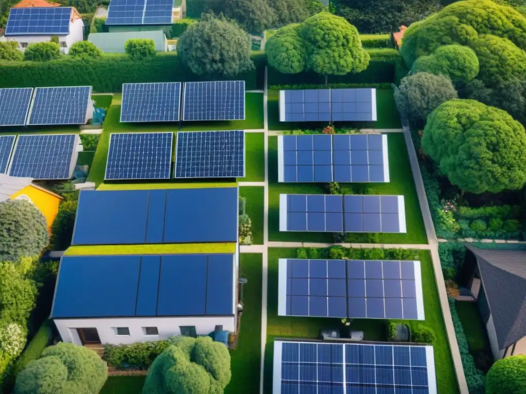 Un vecindario suburbano con paneles solares en cada techo, jardines verdes y familias practicando sostenibilidad en casa