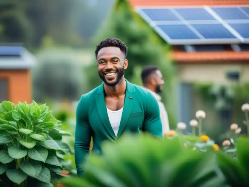 Vecinos sonrientes en comunidad sostenible con jardín y paneles solares