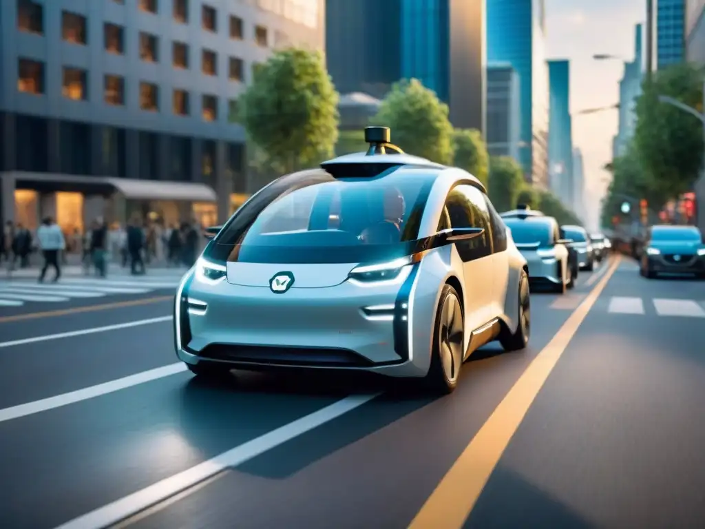 Vehículo autónomo eléctrico futurista en la ciudad Vehículo autónomo eléctrico en ciudad futurista, destacando transporte sostenible tecnologías disruptivas