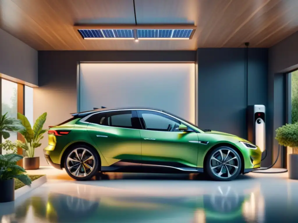 Vehículo eléctrico cargando en garaje eco, con paneles solares y cargador de coche eléctrico