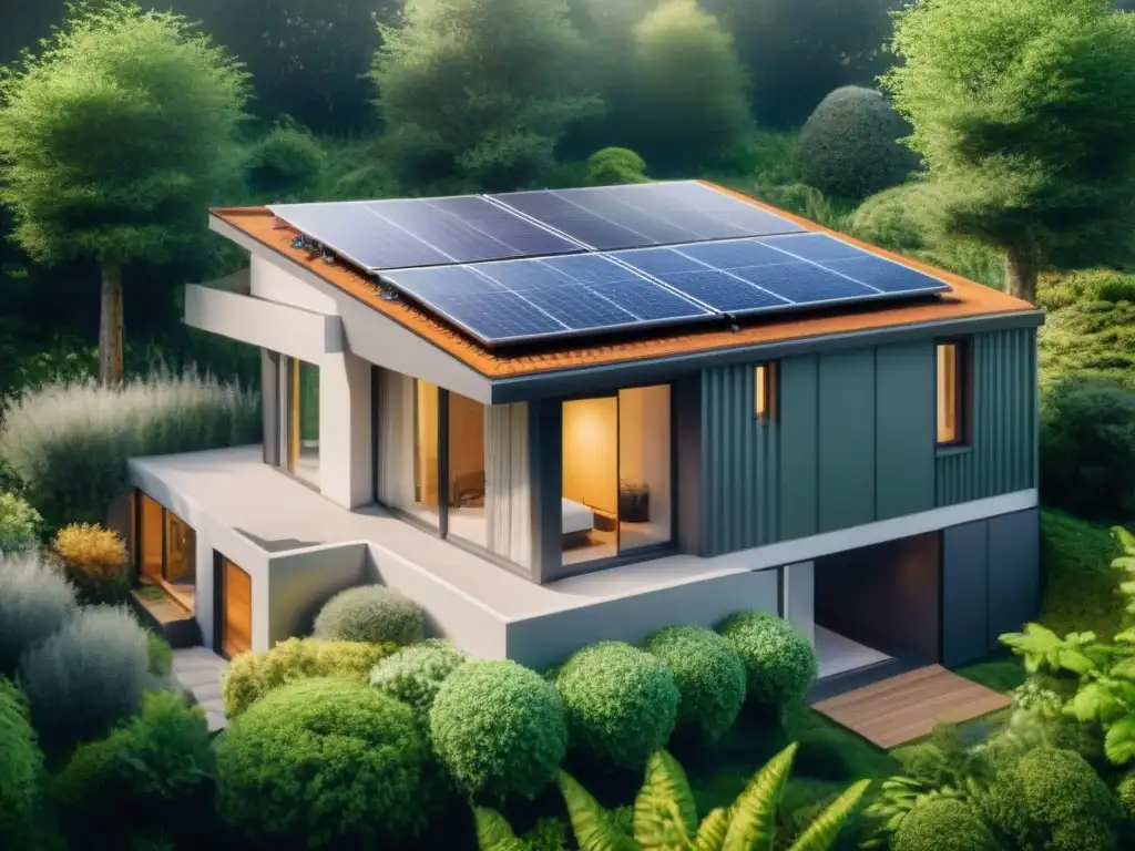 Vivir verde con arquitectura sostenible: casa moderna con paneles solares, techo verde y jardín sostenible