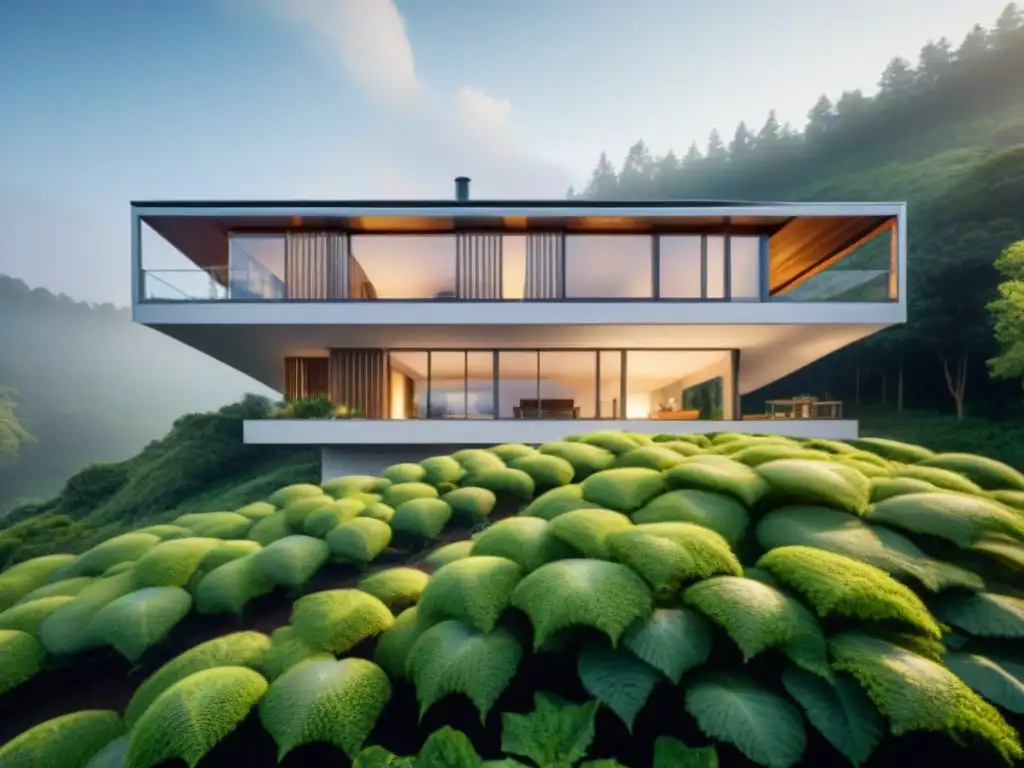 Vivir verde con arquitectura sostenible: Edificio ecológico rodeado de naturaleza, con paneles solares y tejados verdes