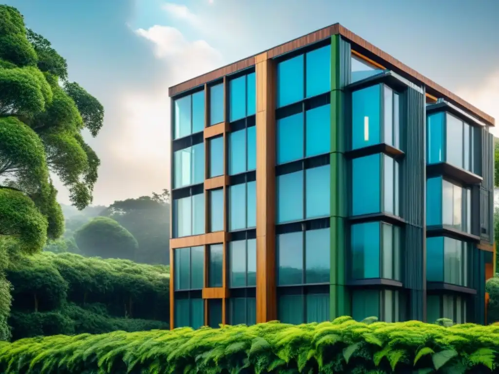 Vivir verde con arquitectura sostenible: moderno edificio residencial con características ecológicas y naturaleza armoniosa