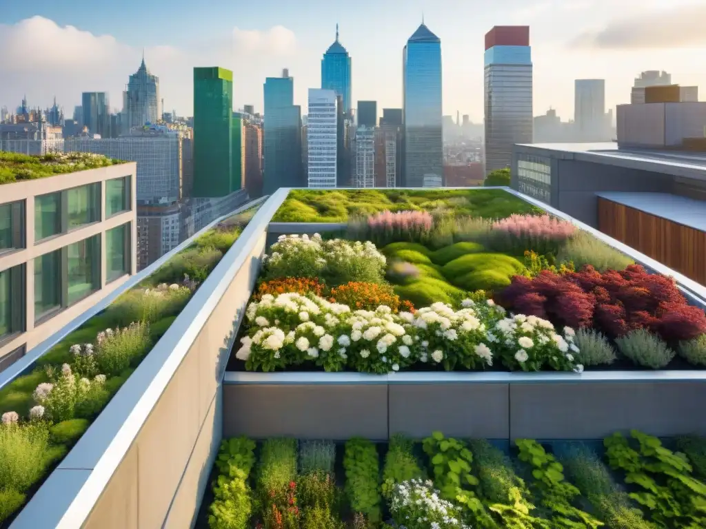 Un jardín verde en la azotea, muestra la belleza natural y los beneficios de los techos verdes en edificios urbanos