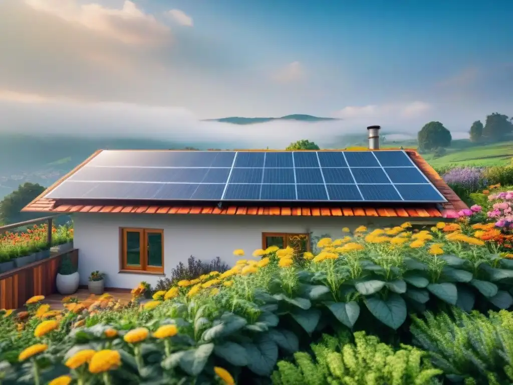 Un jardín verde en la azotea de una casa ecológica con paneles solares y sistema de recolección de agua