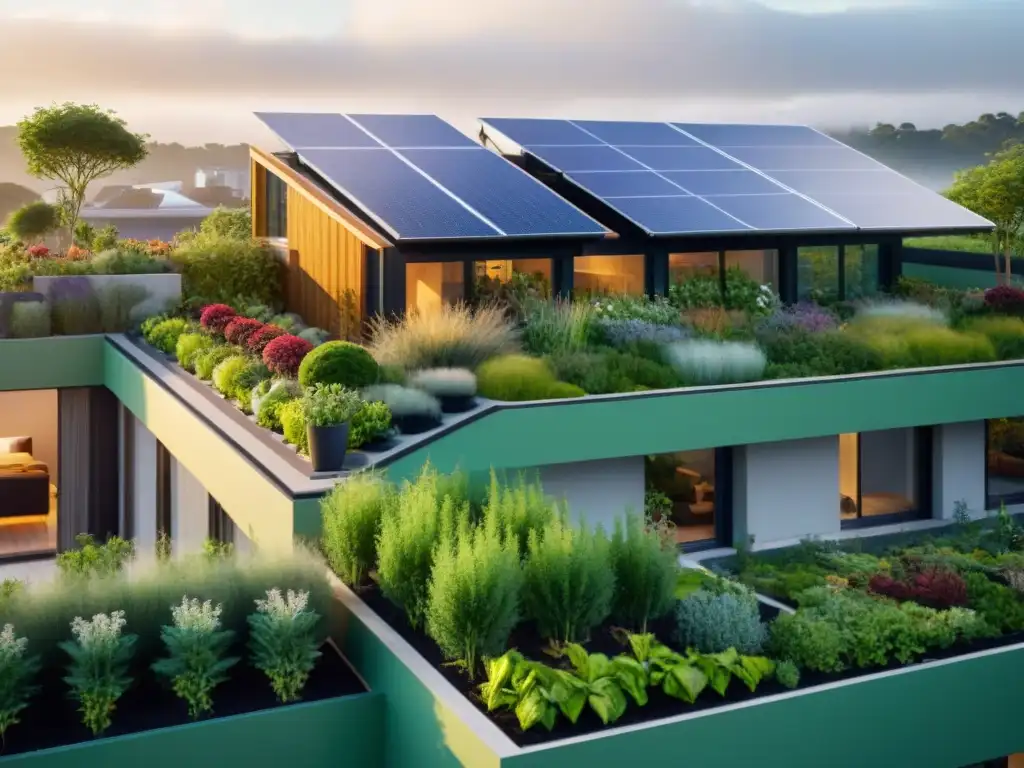 Jardín verde en la azotea de un edificio sostenible, resaltando la armonía entre naturaleza y arquitectura