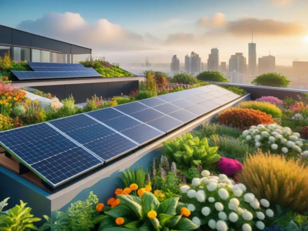 Jardín verde en la azotea de un edificio sostenible, reflejando la armonía entre naturaleza y tecnología