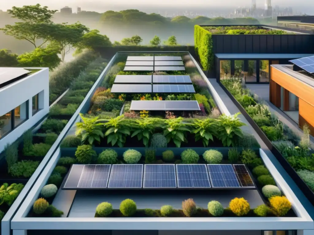 Jardín verde en la azotea de edificio urbano moderno con paneles solares