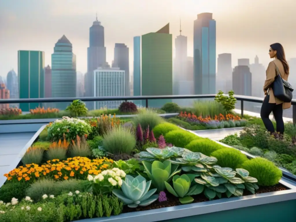 Jardín verde en la azotea de un edificio urbano, mostrando beneficios de techos verdes en arquitectura sostenible