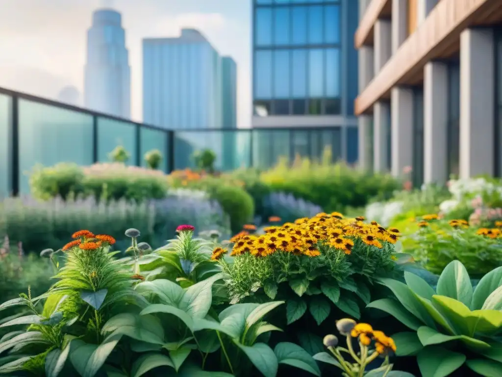 Jardín verde en azotea de vivienda sostenible, biodiversidad urbana con colores vibrantes de flores atrayendo mariposas y abejas