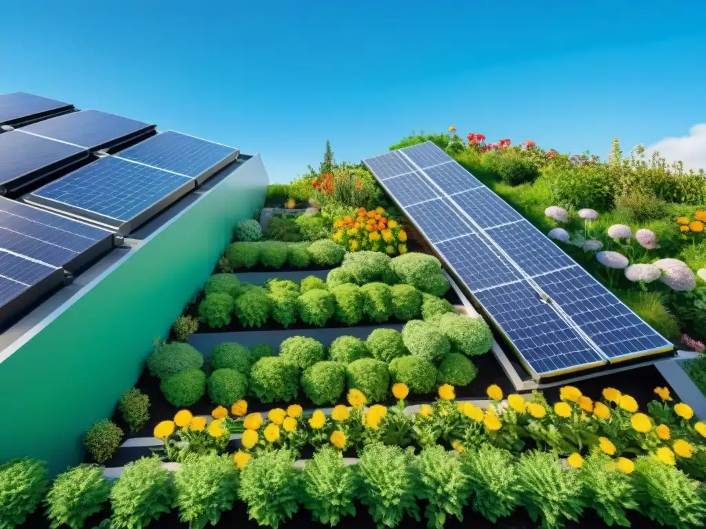 Un jardín verde exuberante en la azotea de un edificio sostenible, lleno de plantas y paneles solares bajo un cielo azul claro