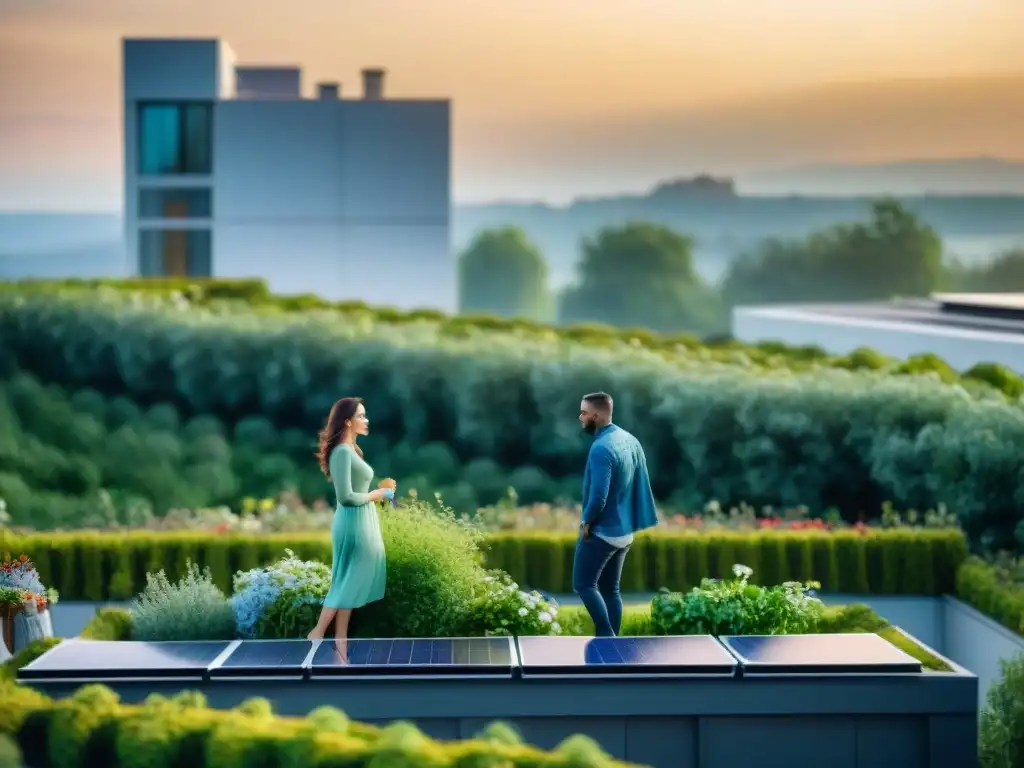 Jardín ecológico en la azotea: sostenibilidad y comunidad Un jardín verde exuberante en la azotea de un edificio ecológico moderno, con paneles solares y sistema de recolección de agua de lluvia