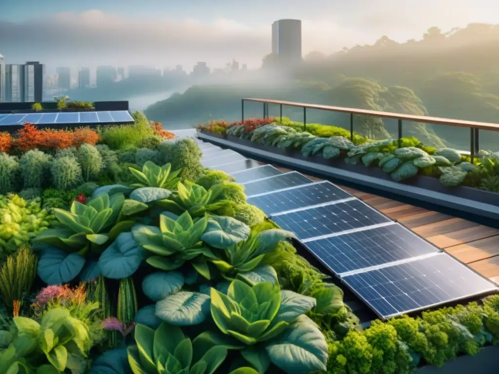 Un jardín verde exuberante en la azotea de un edificio sostenible, con paneles solares y sistemas de recolección de agua de lluvia, resaltando la armonía entre tecnología moderna y naturaleza