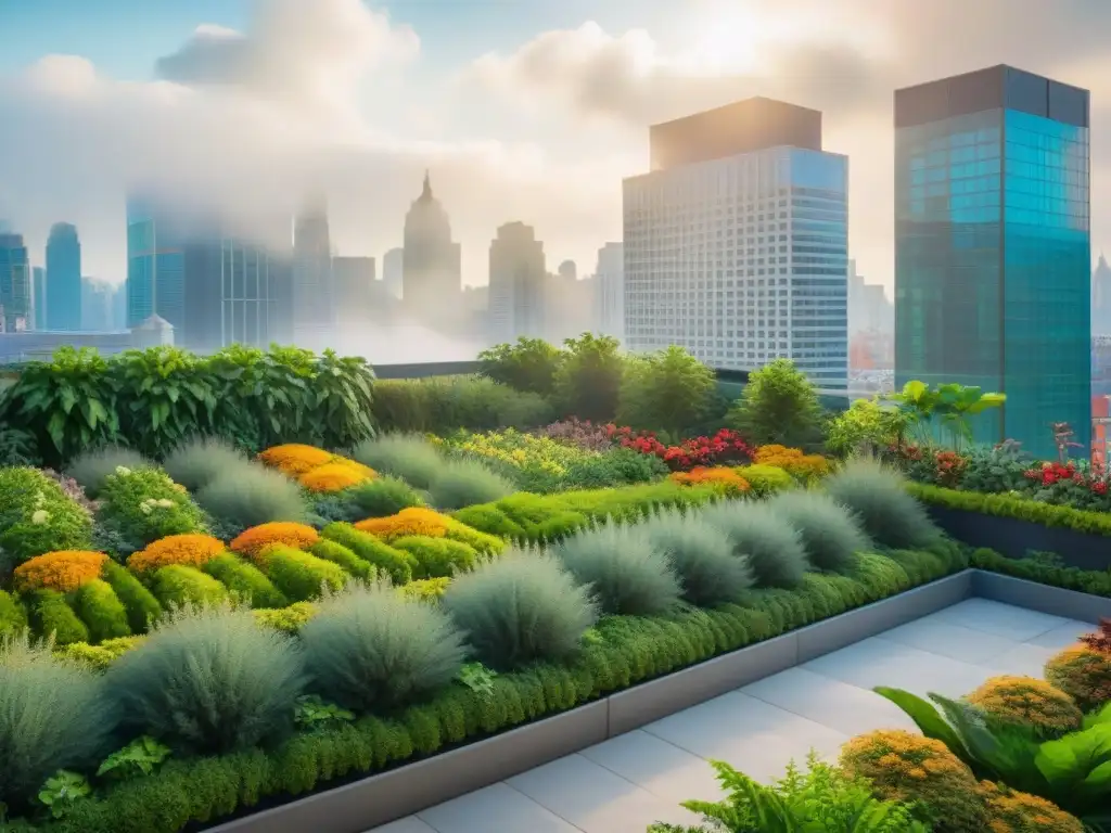 Jardín verde en la ciudad: oasis urbano de biodiversidad Un jardín verde exuberante en el corazón de la ciudad, destacando los beneficios del diseño biofílico en espacios urbanos