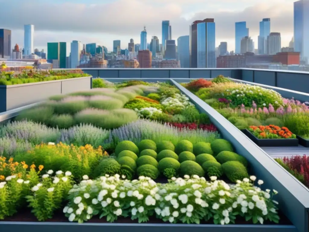 Un jardín de techo verde exuberante con plantas y flores vibrantes, mostrando los beneficios de techos verdes sostenibles en entornos urbanos