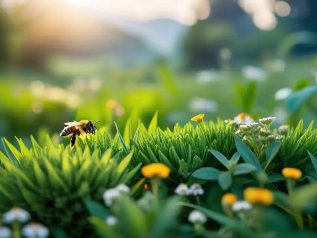 Un jardín verde exuberante con plantas nativas y flores silvestres, resplandeciendo bajo el sol