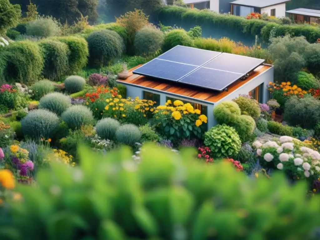 Un jardín verde exuberante en el techo de una moderna casa ecológica, lleno de vida y armonía